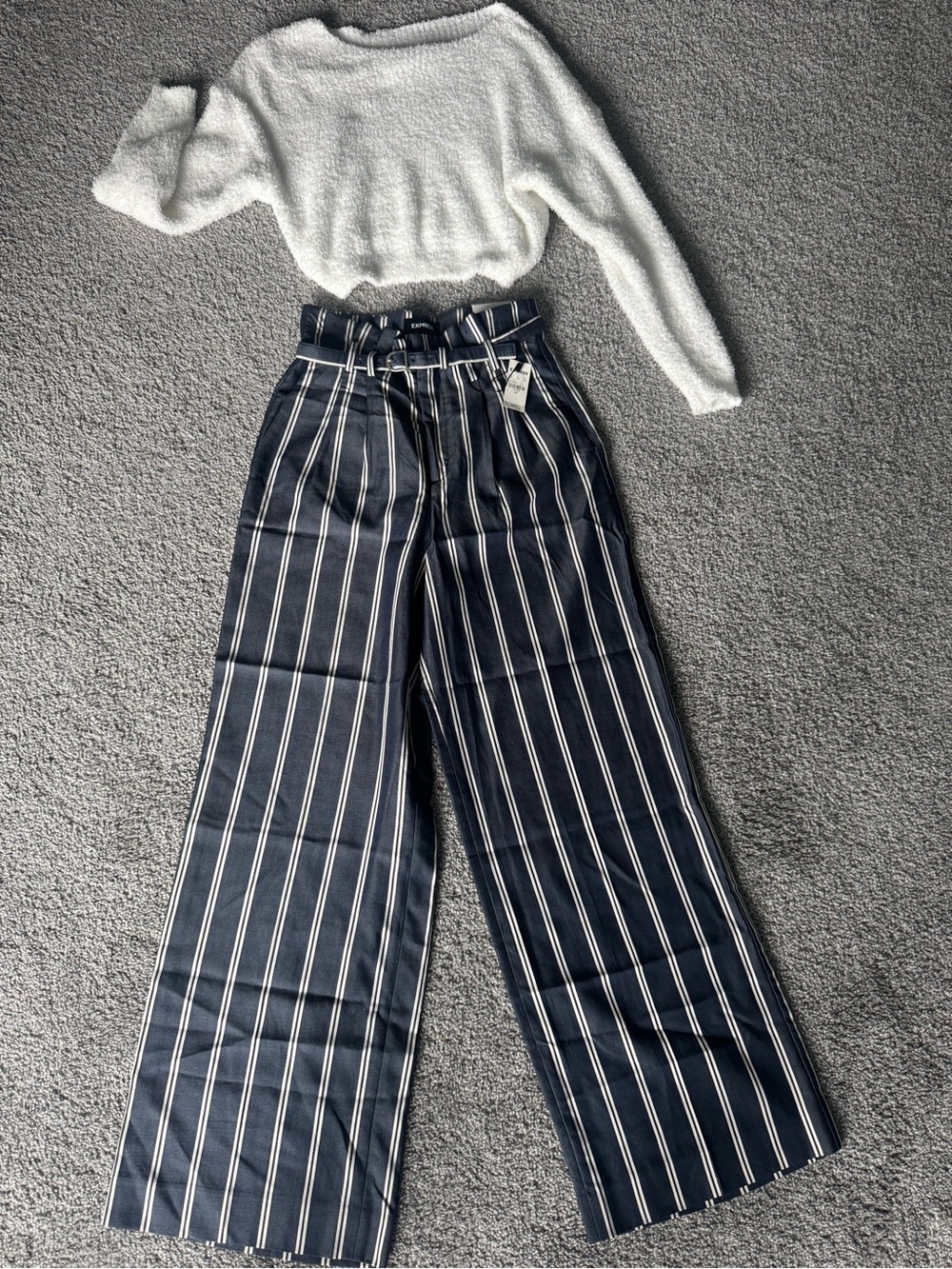 Express Navy and White Vertical-Stripe Wide-Leg Pants with Paperbag Waist
